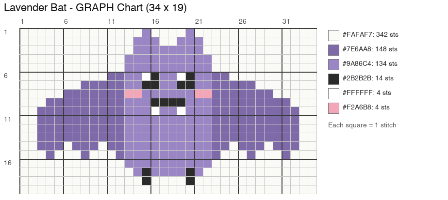 Lavender Bat crochet chart, 34 × 19 stitches, 6 colors