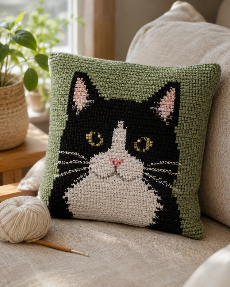Tuxedo Cat on Green — finished crochet piece inspiration