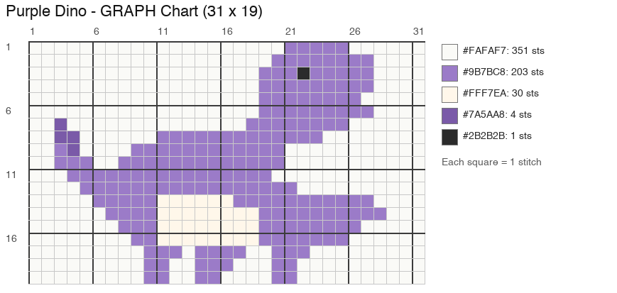 Baby Dino (Purple) crochet chart, 31 × 19 stitches, 5 colors