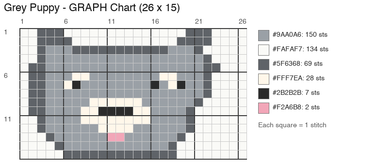 Puppy Face (Grey) crochet chart, 26 × 15 stitches, 6 colors