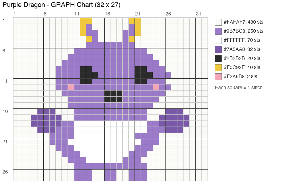 Purple Dragon crochet chart, 32 × 27 stitches, 7 colors