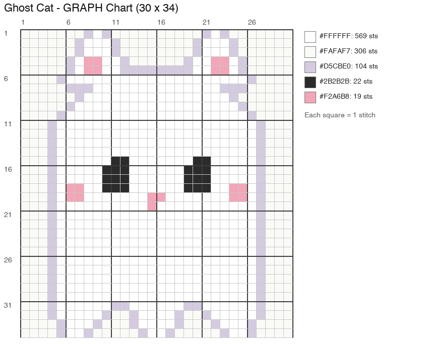 Ghost Cat (Classic White) crochet chart, 30 × 34 stitches, 5 colors