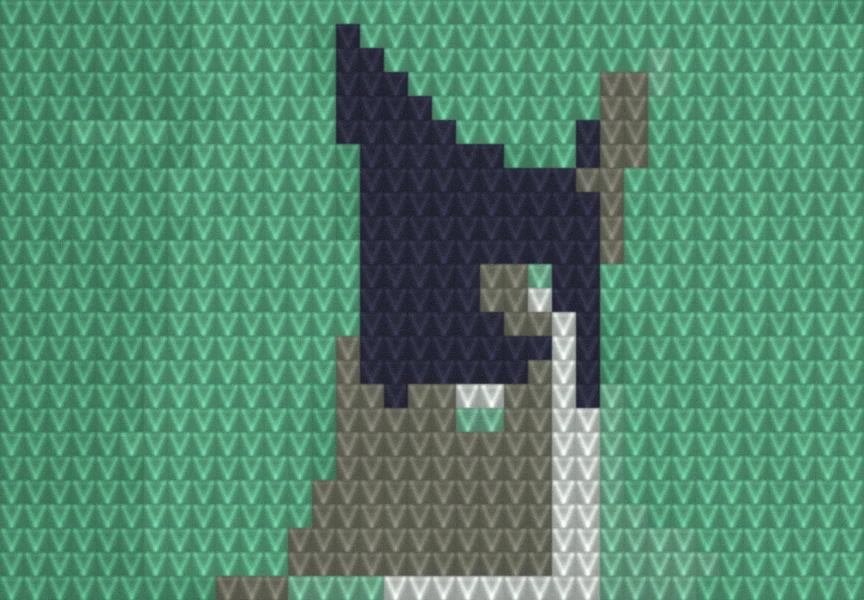 Tuxedo Cat on Green as worked crochet fabric — simulated stitch texture